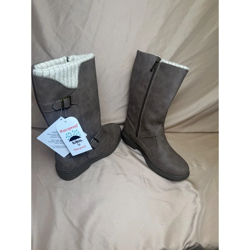 Totes Maggie Women Waterproof Winter Boots Stone Gray Sweater Knit Collar Size 8